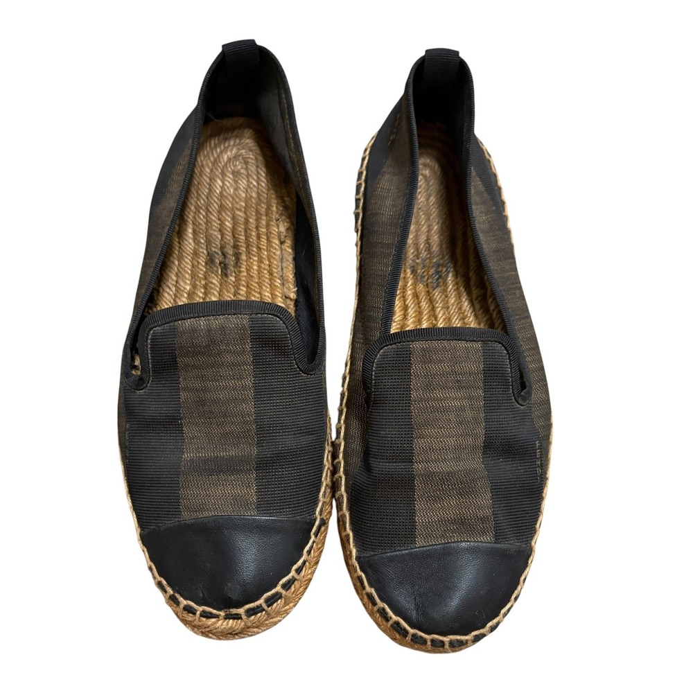 Fendi Womens 37.5 Espadrille Flat Tobacco Black Pequin Stripe Leather Cap Toe